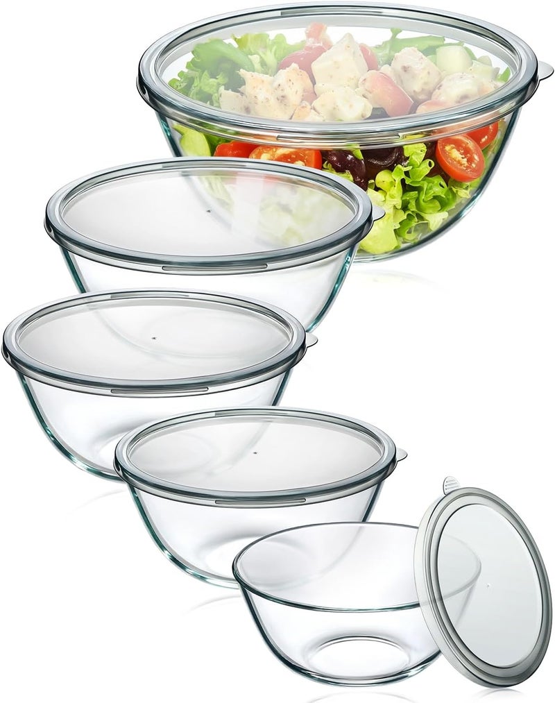 KEMETHY أطقم أطباق خلط زجاجية مع أغطية مجموعة من 5 (4.78QT، 2.2QT، 1.7QT، 1.1QT، 0.85QT)، أطباق زجاجية سميكة للتداخل للاستخدام في المطبخ، الخبز، التحضير، التخزين، التقديم، أطباق سلطة كبيرة، آمنة في غسالة الصحون والميكروويف والفريزر. - Image 1